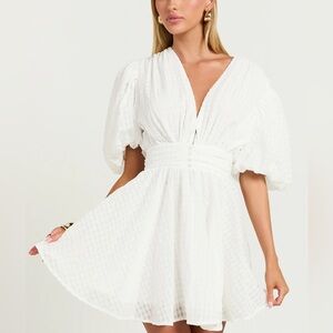 Mini Textured Puff Sleeve Plunge Dress